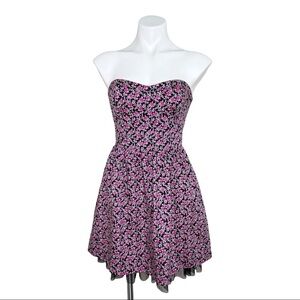 Black Poppy Sweetheart neckline Floral Skater Short Casual Dress Medium